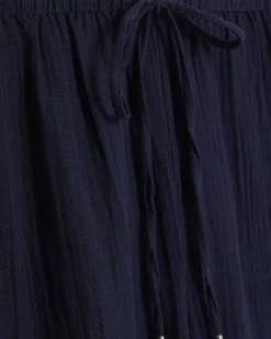 Navy Crinkle Drawstring Wide Leg Trousers
