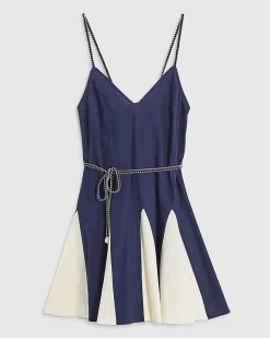 Navy Godet Tie Back Mini Dress