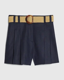 Navy Linen Blend Belted Shorts