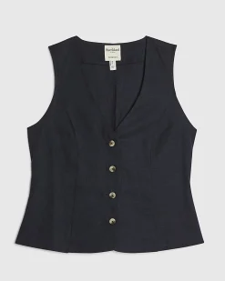 Navy Linen Blend Button V-Neck Waistcoat
