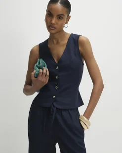 Navy Linen Blend Button V-Neck Waistcoat