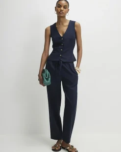 Navy Linen Blend Drawstring Tapered Trousers