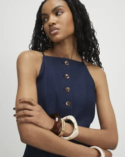 Navy Linen Blend Longline Waistcoat