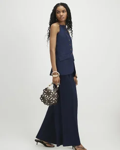 Navy Linen Blend Longline Waistcoat