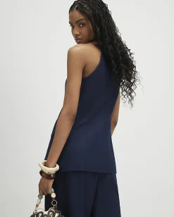 Navy Linen Blend Longline Waistcoat
