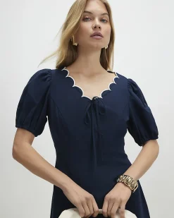 Navy Linen Blend Scallop Trim V Neck Dress