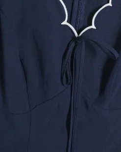 Navy Linen Blend Scallop Trim V Neck Dress
