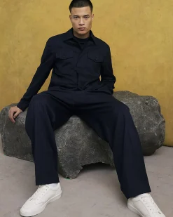 Navy Loose Fit Pinstripe Trousers