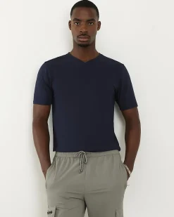 Navy Muscle Fit Cotton V Neck T-Shirt