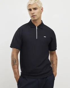 Navy Muscle Fit Lightweight Zip Polo Shirt