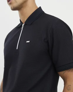 Navy Muscle Fit Lightweight Zip Polo Shirt