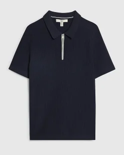 Navy Muscle Fit Ribbed Quarter Zip Polo Shirt