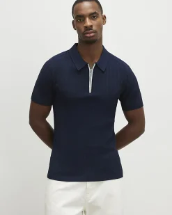 Navy Muscle Fit Ribbed Quarter Zip Polo Shirt