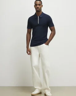 Navy Muscle Fit Ribbed Quarter Zip Polo Shirt