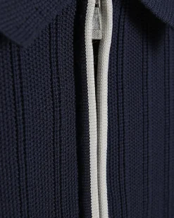 Navy Muscle Fit Ribbed Quarter Zip Polo Shirt