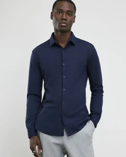 Navy Muscle Fit Stretch Pique Smart Shirt