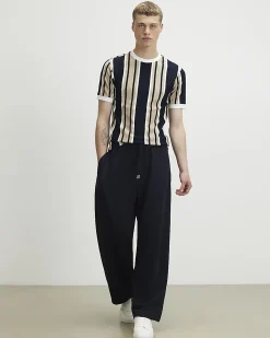 Navy Muscle Fit Stripe Textured T-Shirt