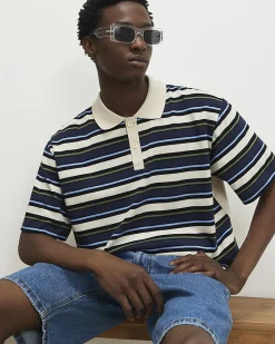 Navy Oversized Fit Stripe Polo Shirt