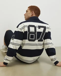 Navy Oversized Fit Stripe Rugby Polo Shirt
