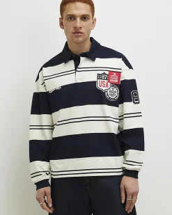 Navy Oversized Fit Stripe Rugby Polo Shirt