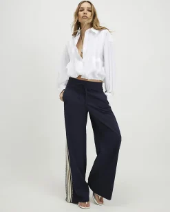 Navy Pinstripe Crochet Side Stripe Joggers