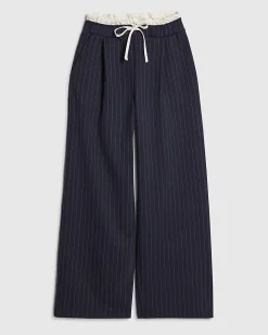 Navy Pinstripe Drawstring Wide Leg Trousers