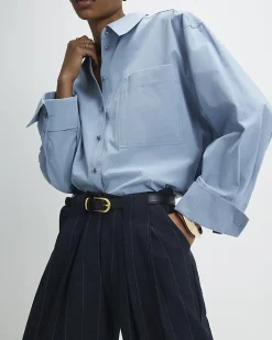 Navy Pinstripe Low Waist Belted Trousers