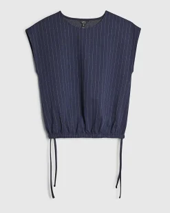 Navy Pinstripe Tie Side Bubble Hem Top