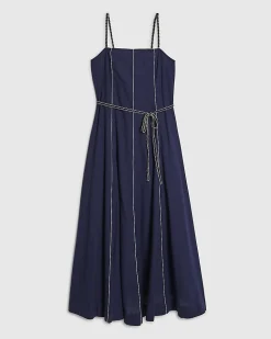 Navy Piped Rope Belt Midi Dress