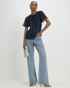 Navy Pleated Hybrid Short Sleeve T-Shirt