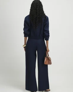 Navy Raffia Belted Tailored Wide Leg Trousers