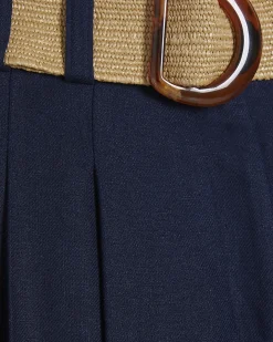 Navy Raffia Belted Tailored Wide Leg Trousers