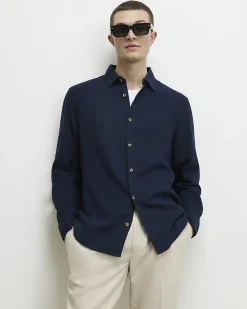 Navy Regular Fit Linen Blend Shirt