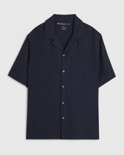 Navy Regular Fit Linen Blend Revere Shirt