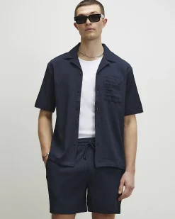 Navy Regular Fit Textured Short Sleeve Shirt
