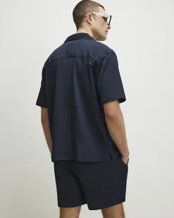 Navy Regular Fit Textured Short Sleeve Shirt