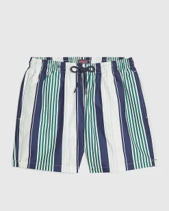Navy Regular Length Stripe Swim Shorts