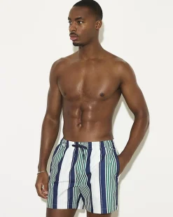 Navy Regular Length Stripe Swim Shorts