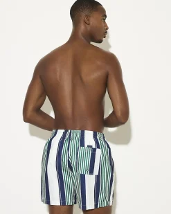 Navy Regular Length Stripe Swim Shorts