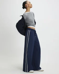 Navy Side Stripe Drawstring Wide Leg Joggers