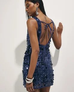 Navy Sleeveless Sequin Crochet Mini Dress