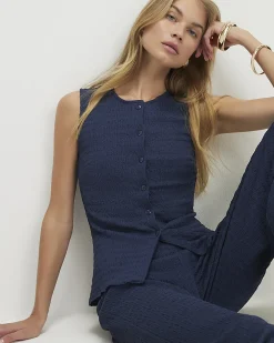 Navy Sleeveless Textured Button Through Top