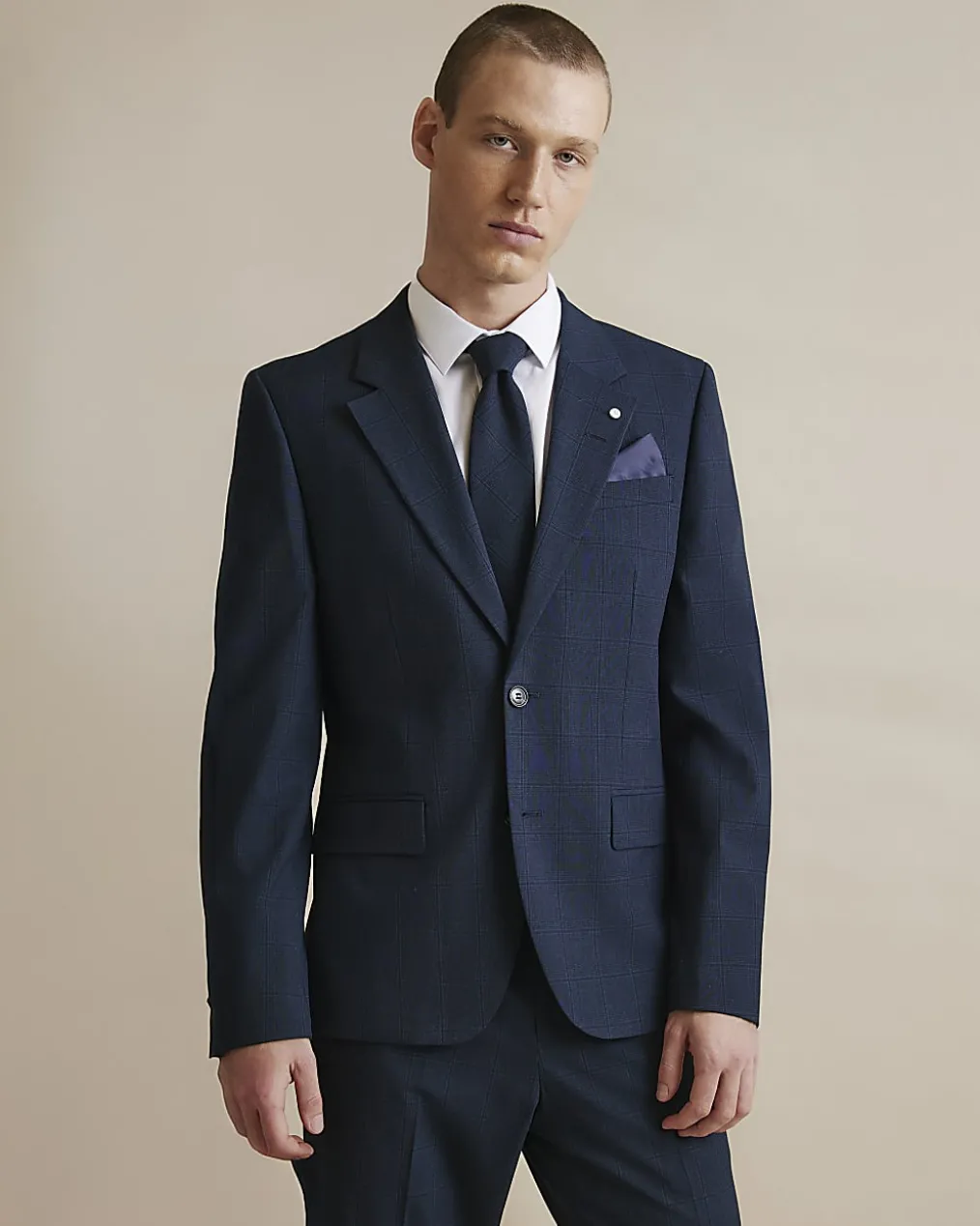 Navy Slim Fit Check Suit Jacket
