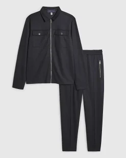 Navy Slim Fit Pique Shacket And Joggers Set