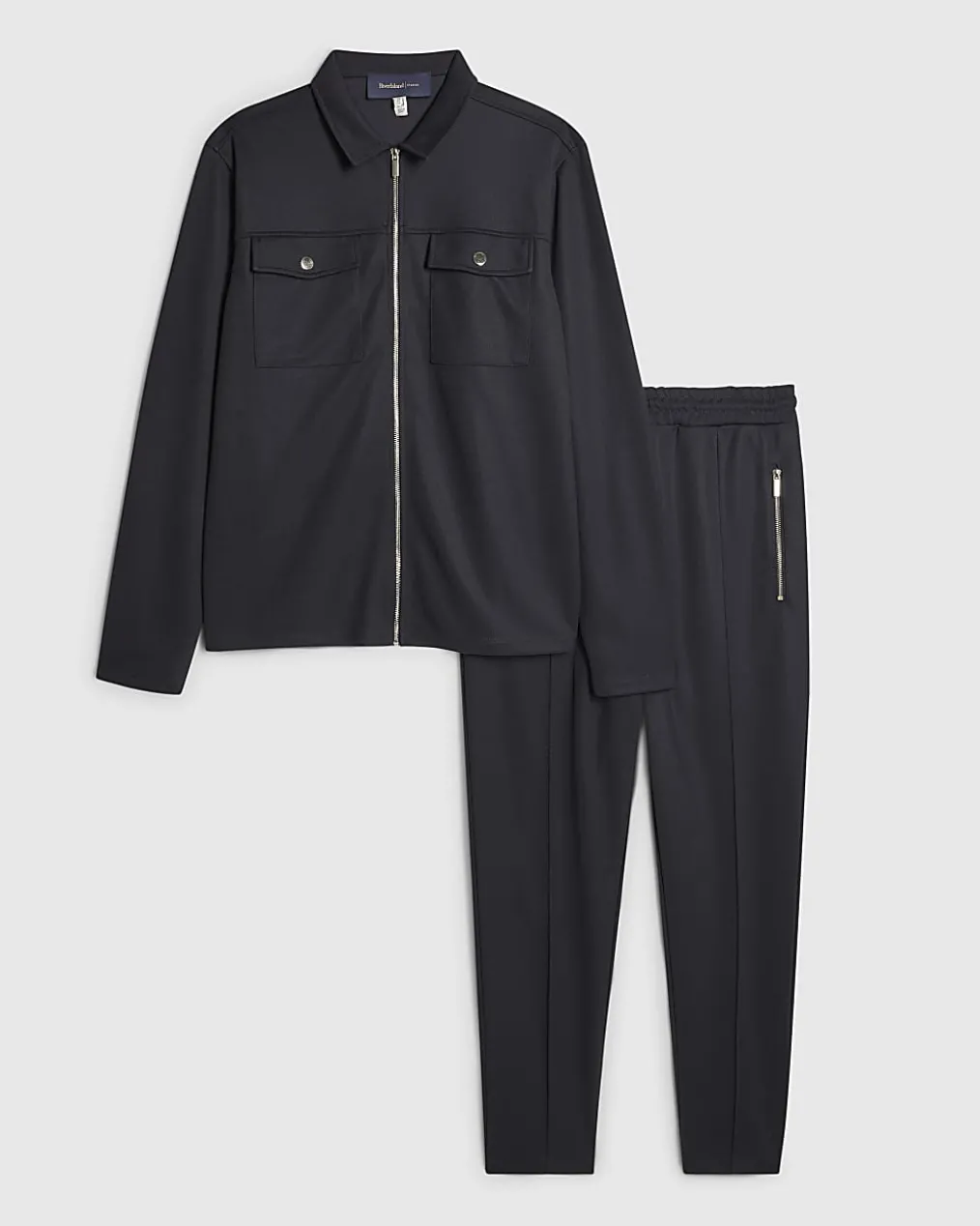 Navy Slim Fit Pique Shacket And Joggers Set