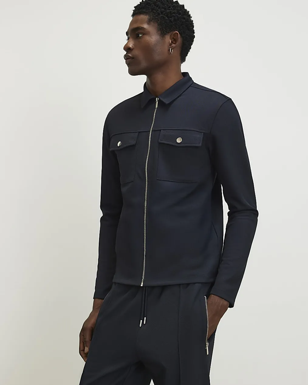 Navy Slim Fit Pique Shacket And Joggers Set