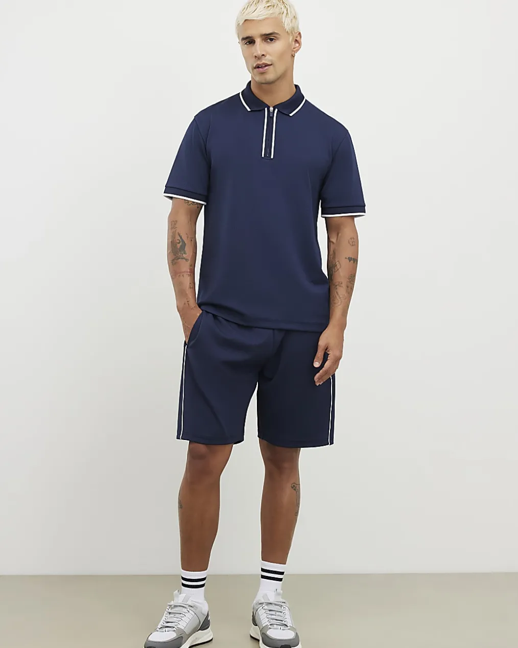 Navy Slim Fit Polo Shirt And Shorts Set