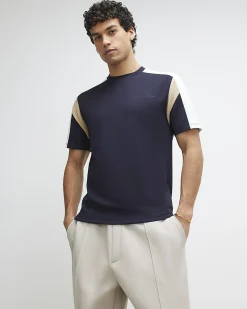 Navy Slim Fit Shoulder Colour Block T-Shirt