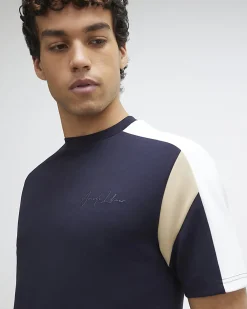 Navy Slim Fit Shoulder Colour Block T-Shirt