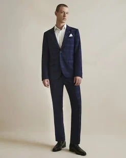Navy Slim Fit Stretch Check Suit Trousers